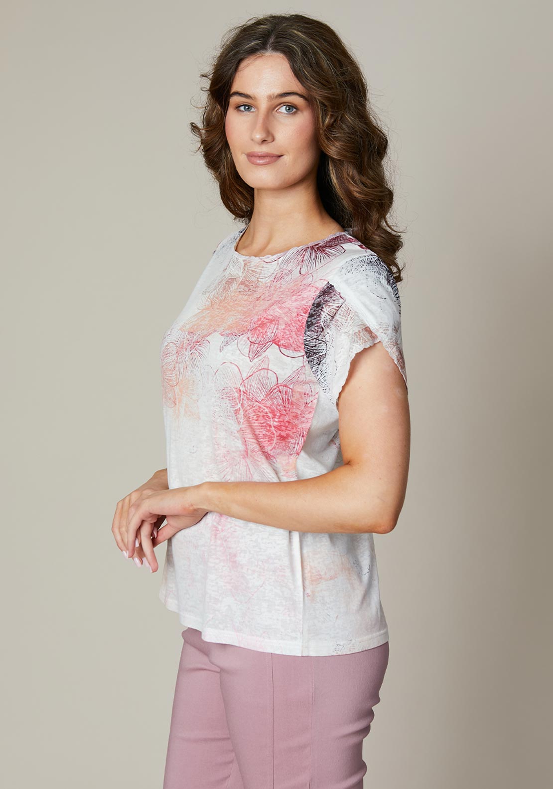 Jessica Graaf Floral Print Scallop Trim T Shirt, Pink Multi