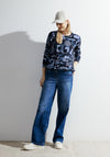 Cecil Drawstring Waist Geo Print Top, Casual Denim Blue