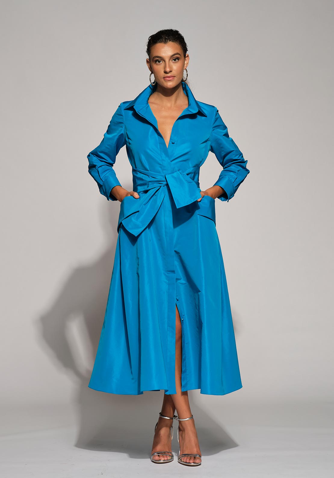 Moskada Amanda Tie Waist Taffeta Midi A-line Dress, Blue - McElhinneys