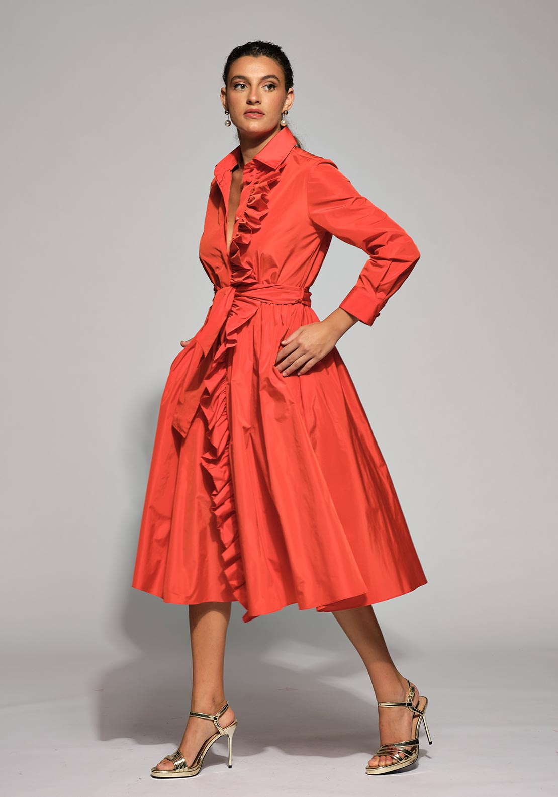 Moskada Angela Ruffled Taffeta Knee Length Dress, Orange