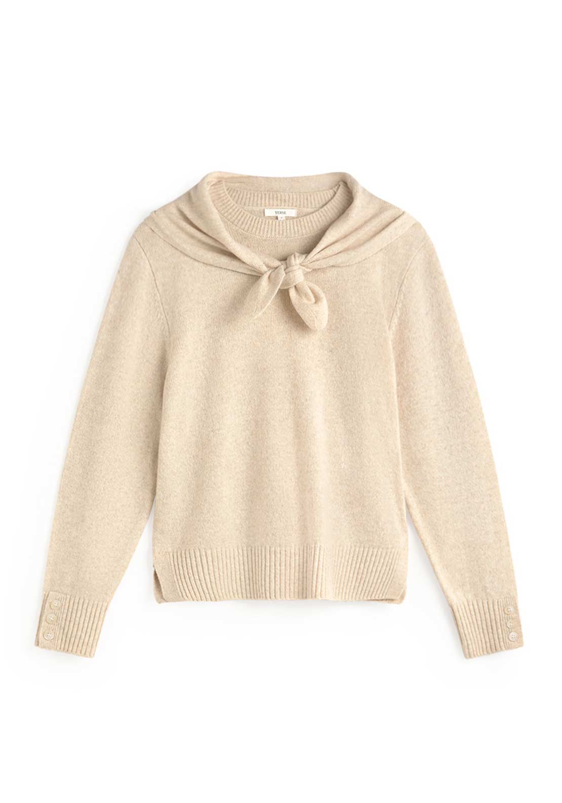 YERSE Fine Knit Tie Detail Round Neck Sweater, Cream