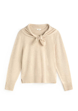 YERSE Fine Knit Tie Detail Round Neck Sweater, Cream