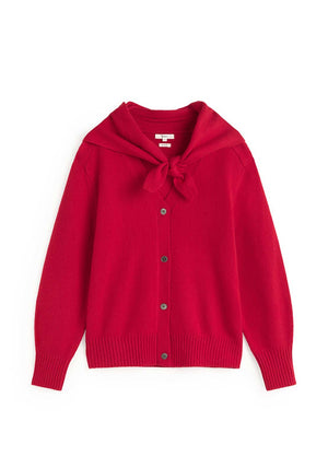 YERSE Fine Knit Tie Detail V-Neck Cardigan, Red