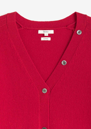 YERSE Fine Knit Tie Detail V-Neck Cardigan, Red