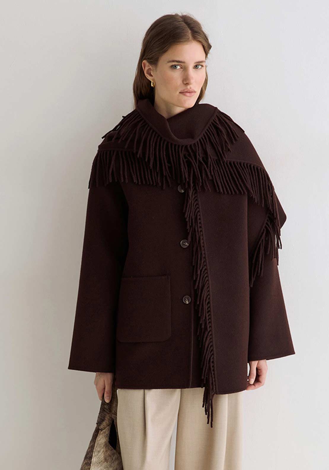 YERSE Wool Blend Scarf Detail Short Trench Coat, Brown