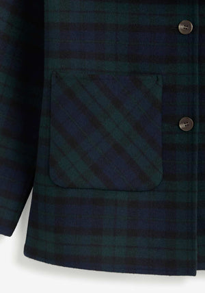 YERSE Tartan Wool Blend Scarf Detail Short Trench Coat, Green
