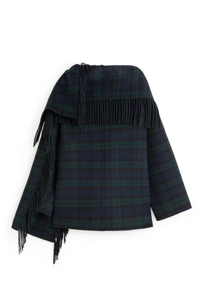 YERSE Tartan Wool Blend Scarf Detail Short Trench Coat, Green