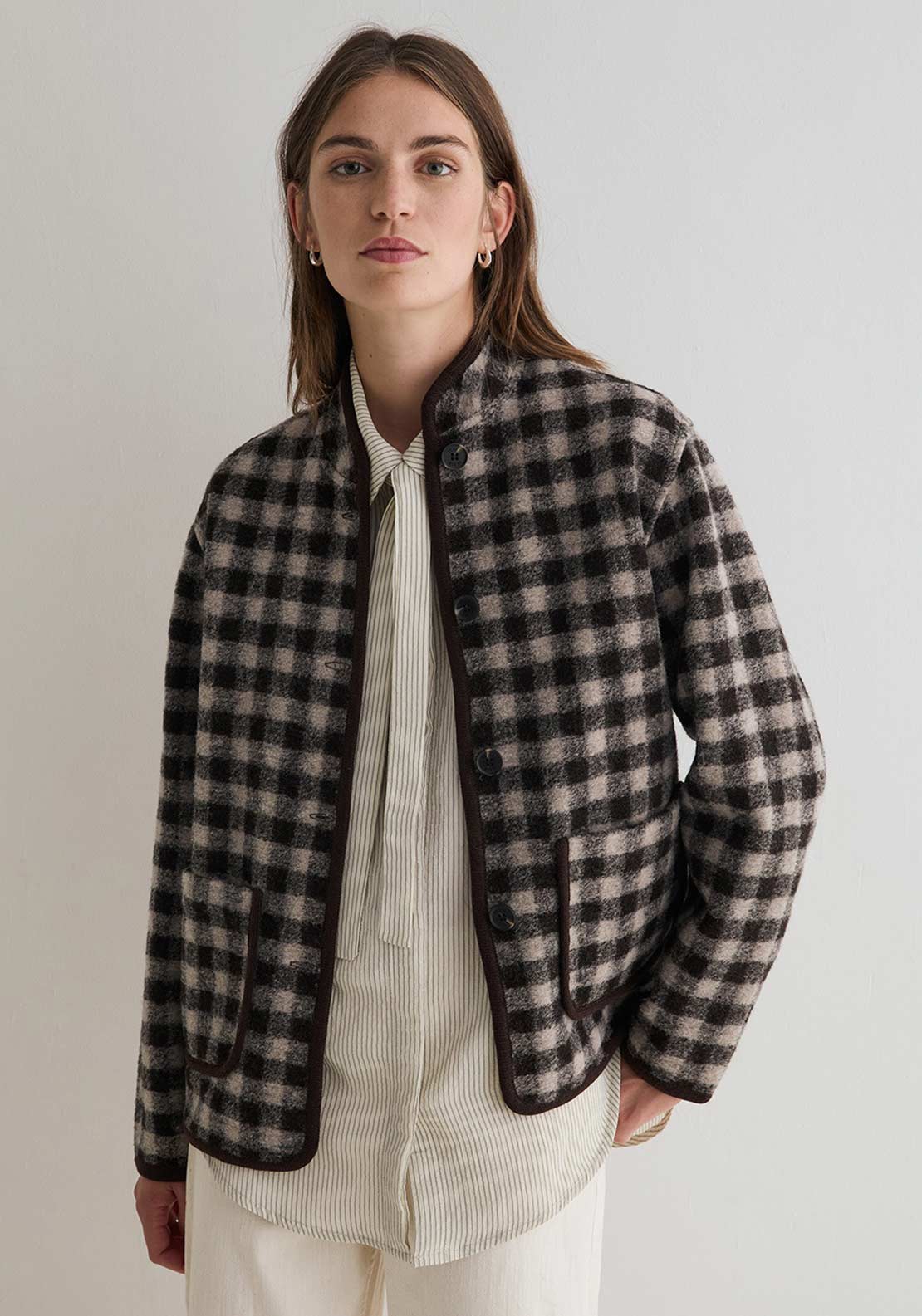 YERSE Check Print Button Up Jacket, Brown