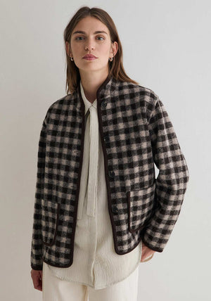 YERSE Check Print Button Up Jacket, Brown