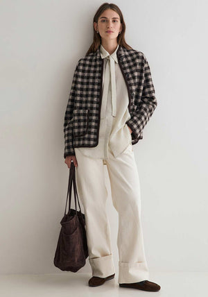 YERSE Check Print Button Up Jacket, Brown