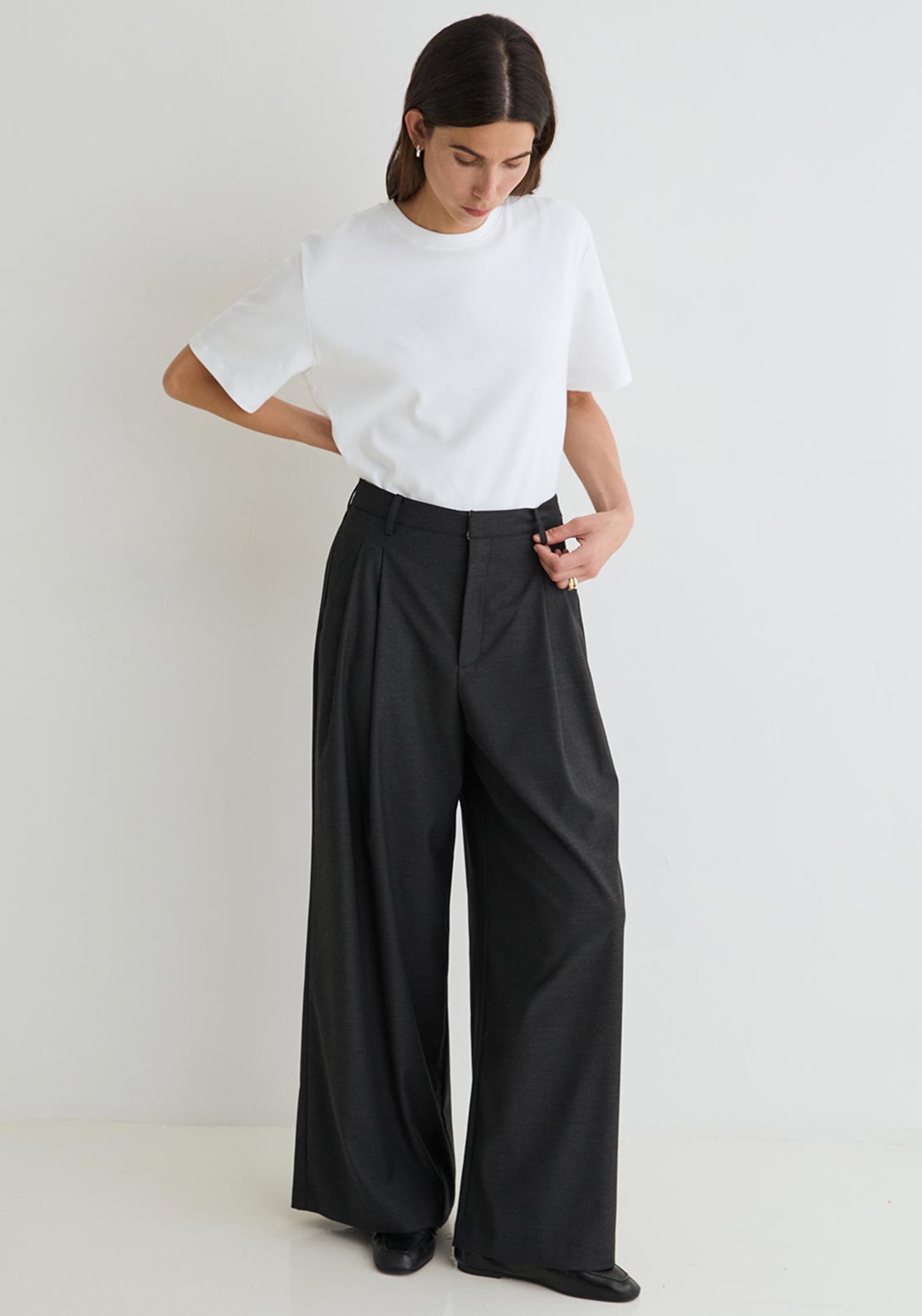 Yerse Barry Wide Leg Pencil Pleat Trousers, Grey