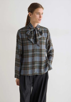 YERSE Check Tie Detail V-Neck Shirt, Blue