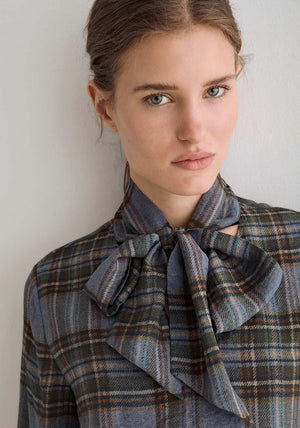 YERSE Check Tie Detail V-Neck Shirt, Blue