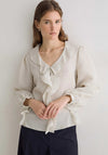 YERSE Ruffle Detail Striped V Neck Shirt, Cream