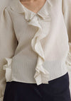 YERSE Ruffle Detail Striped V Neck Shirt, Cream