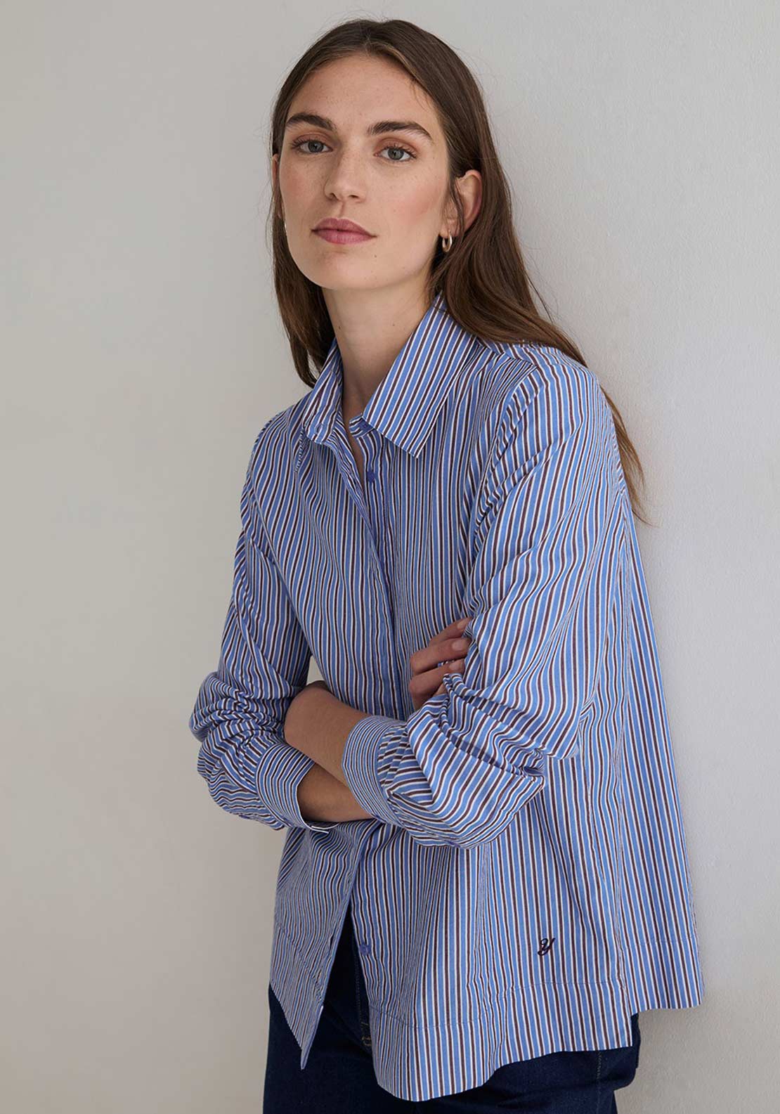 YERSE Striped Poplin Collar Shirt, Blue