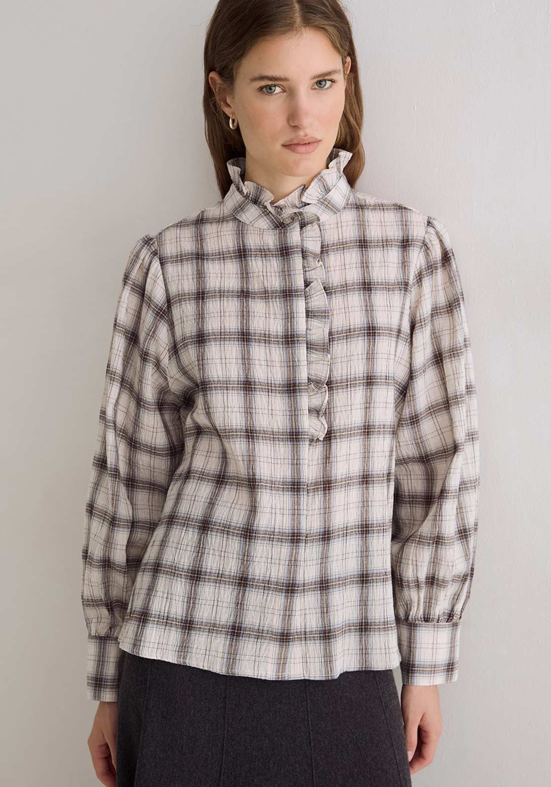 YERSE Check Ruffle Detail Long Sleeve Shirt, Cream