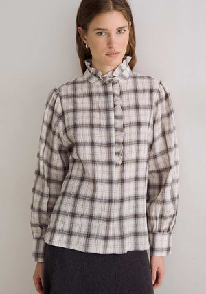 YERSE Check Ruffle Detail Long Sleeve Shirt, Cream