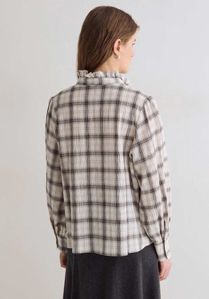 YERSE Check Ruffle Detail Long Sleeve Shirt, Cream