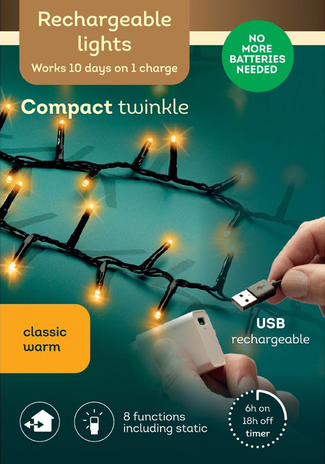 Kaemingk Rechargeable LED String Lights, Warm White