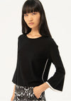 Surkana Contrast Trim Bell Sleeve Sweater, Black