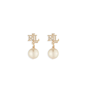 Ralph Lauren Pavé Logo & Pearl Drop Earrings, Gold