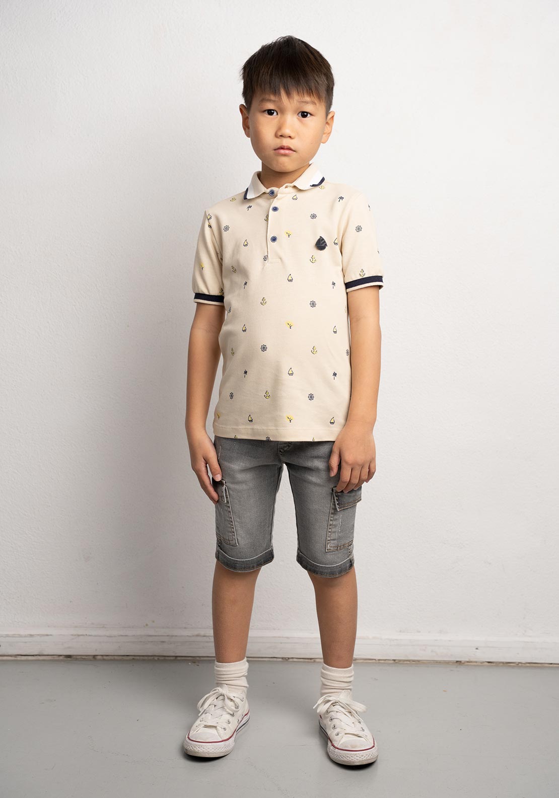 Hashtag Mini Boy Polo and Short Set, Beige