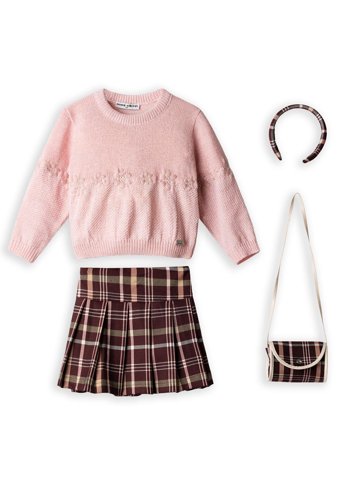 Ebita Mini Girl Tartan Four-Piece Set, Pink