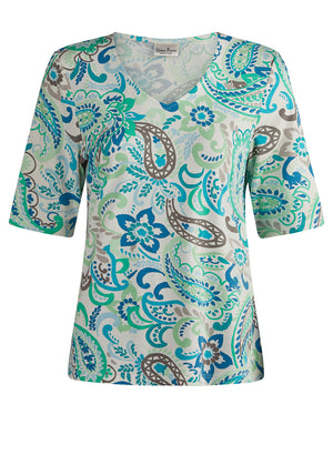 Barbara Lebek Paisley Print V Neck Top, Green Multi