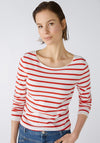Oui Boat Neck Striped Cotton Top, Red & White