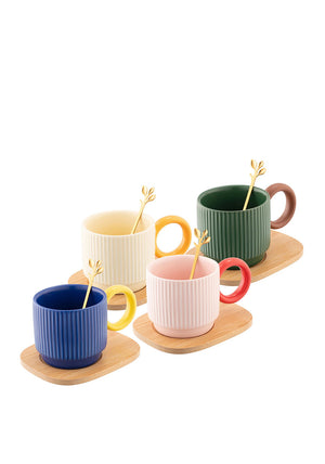 Belleek Living Hula Mug Set with Spoons & Bamboo Saucers