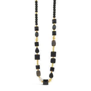 Absolute Black & Pearl Beaded Necklace, Gold