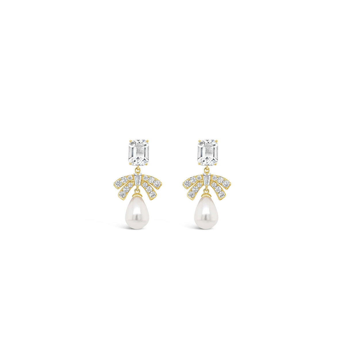 Absolute CZ Bow Detail Pearl Drop Earrings, Gold