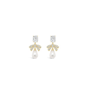 Absolute CZ Bow Detail Pearl Drop Earrings, Gold