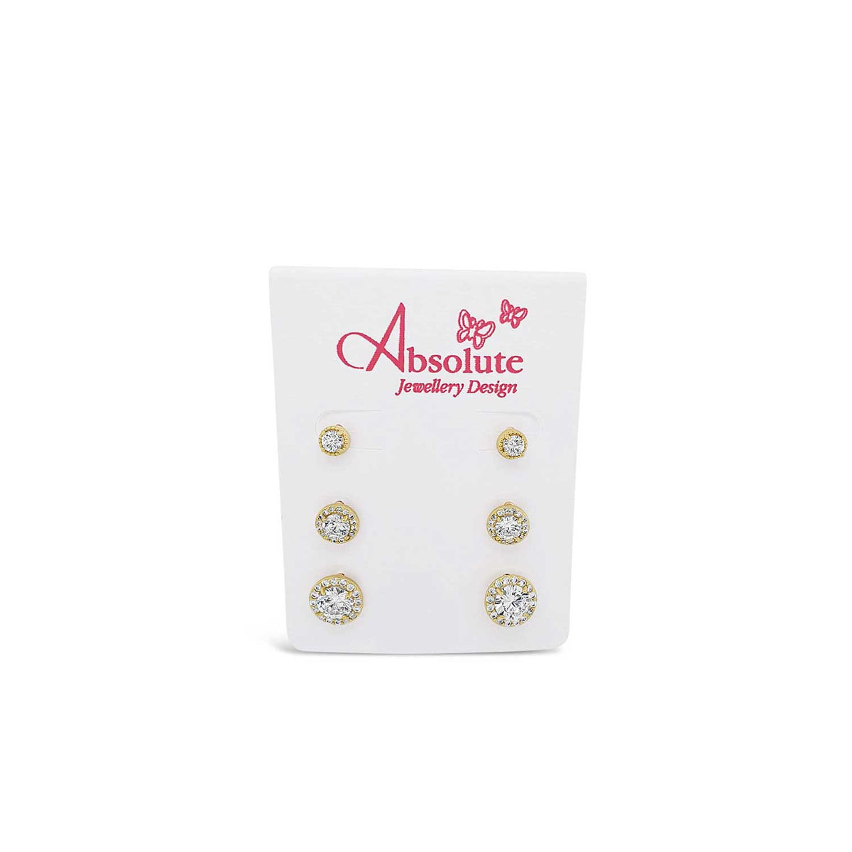 Absolute Set of 3 Halo Stud Earrings, Gold