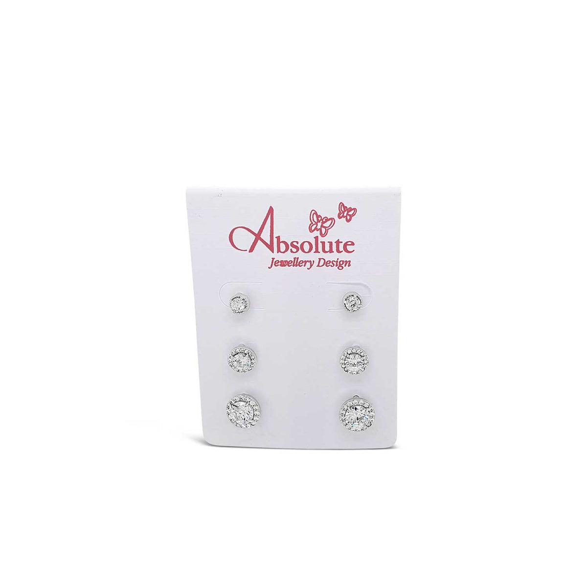 Absolute Set of 3 Halo Stud Earrings, Silver