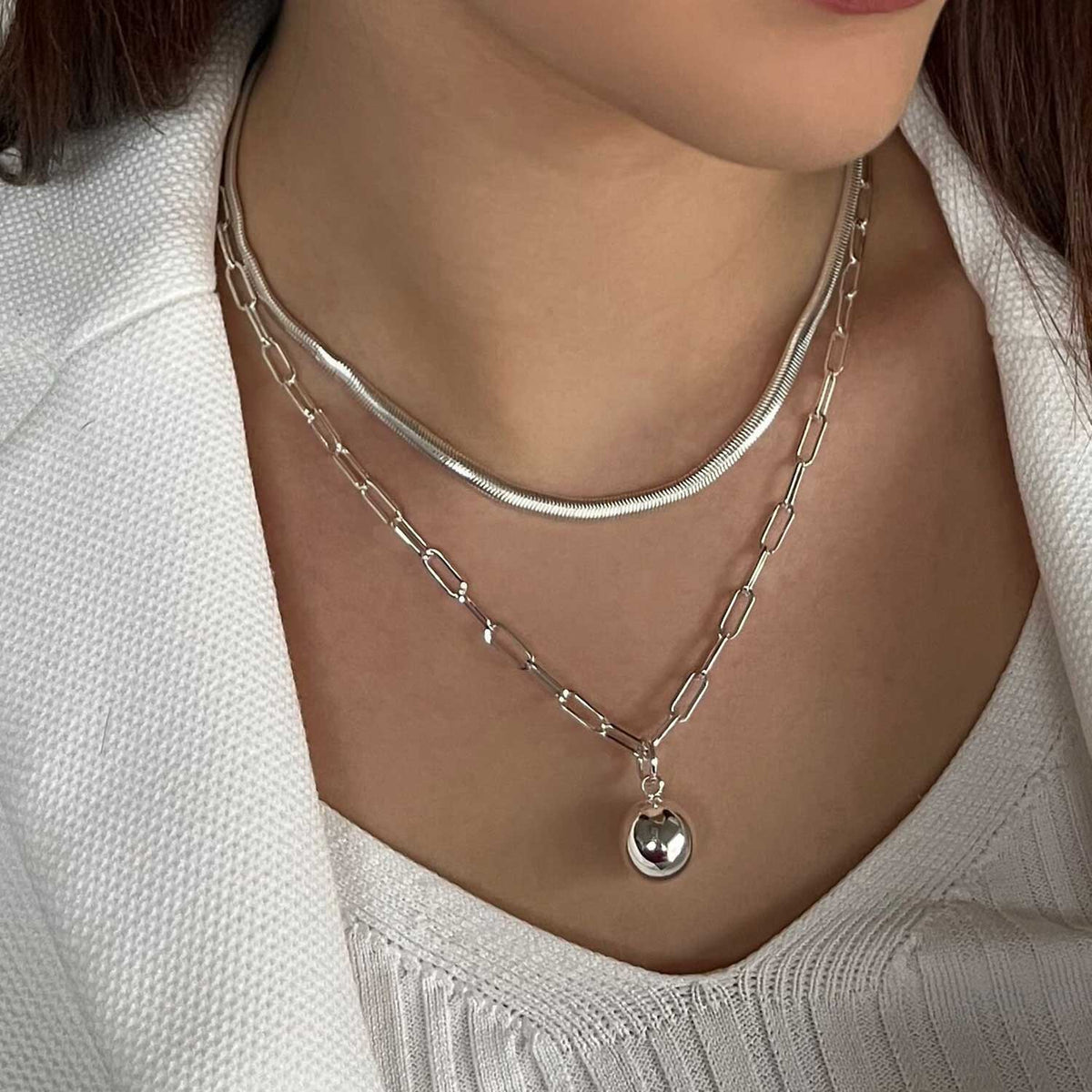 Absolute Double Layer Ball Pendant Necklace, Silver