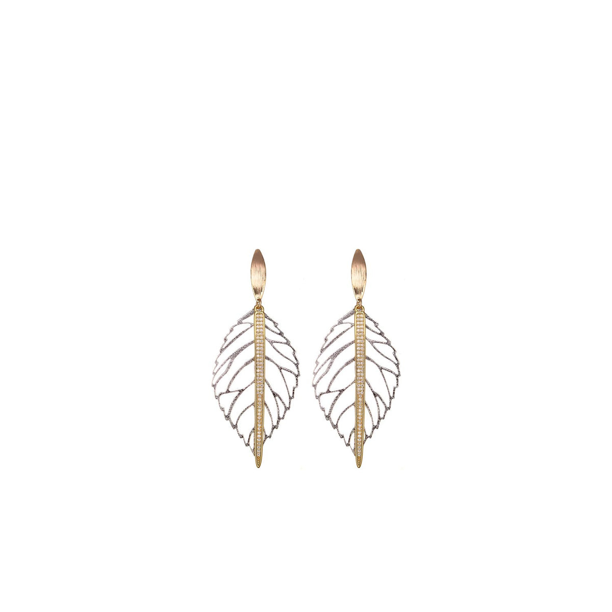 Angela D’Arcy Silver Leaf CZ Spike Earrings, Gold
