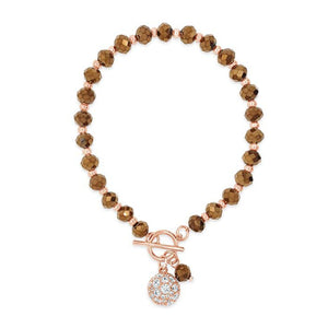 Absolute CZ Ball Beaded T-Bar Bracelet, Rose Gold & Brown