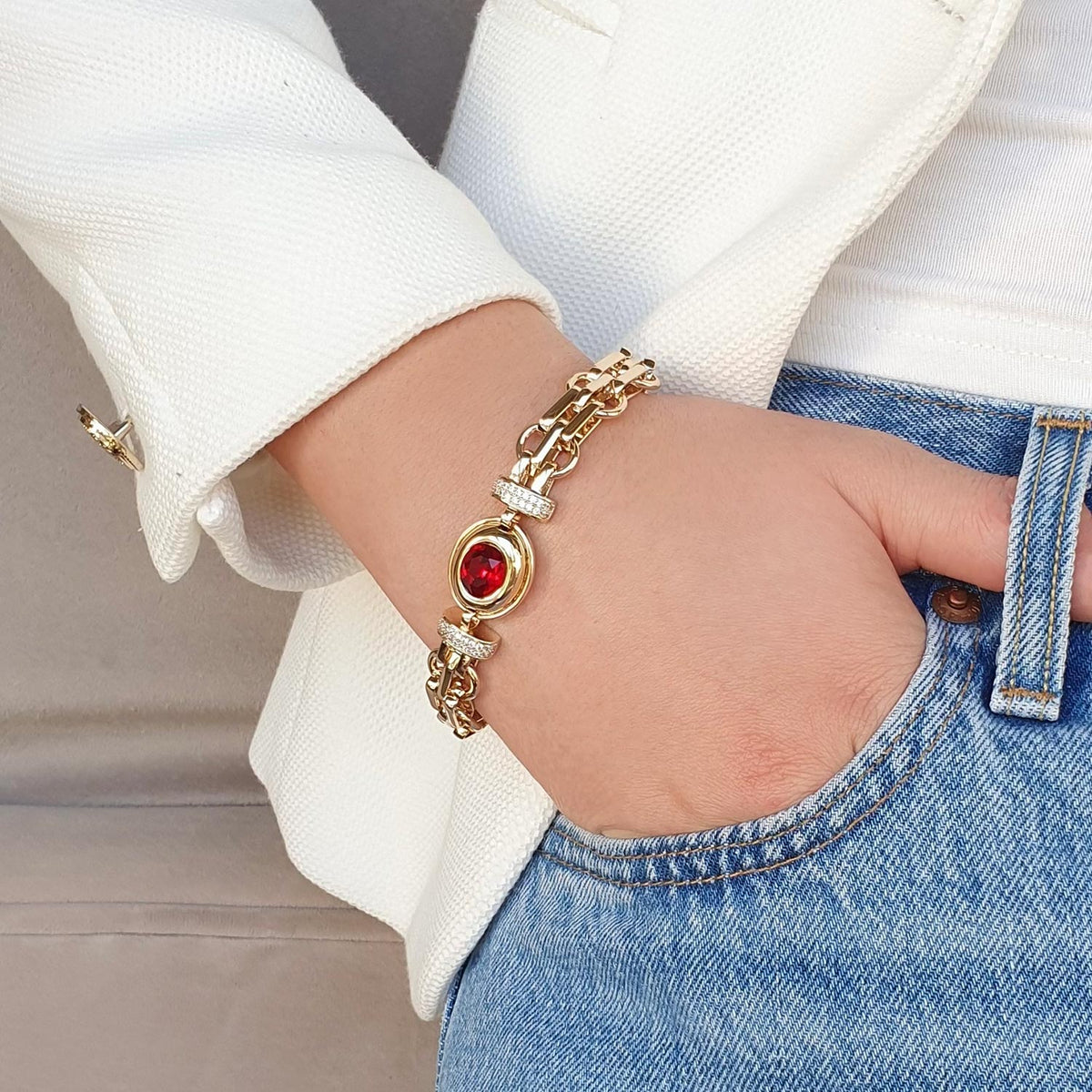Absolute Double Chain Link Red CZ Bracelet, Gold
