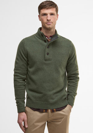 Barbour Men’s Essential Elbow Patch Button Neck Jumper, Olive Green