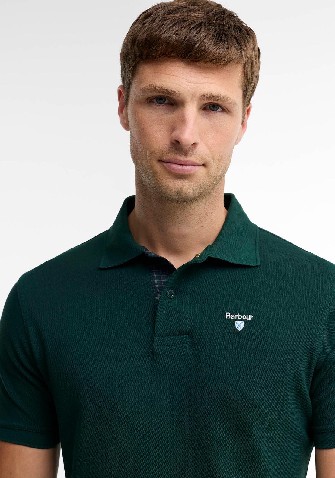 Barbour Men's Tartan Contrast Pique Polo Shirt, Seaweed Green