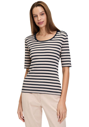 Betty Barclay Ribbed Striped Top, Beige and Navy