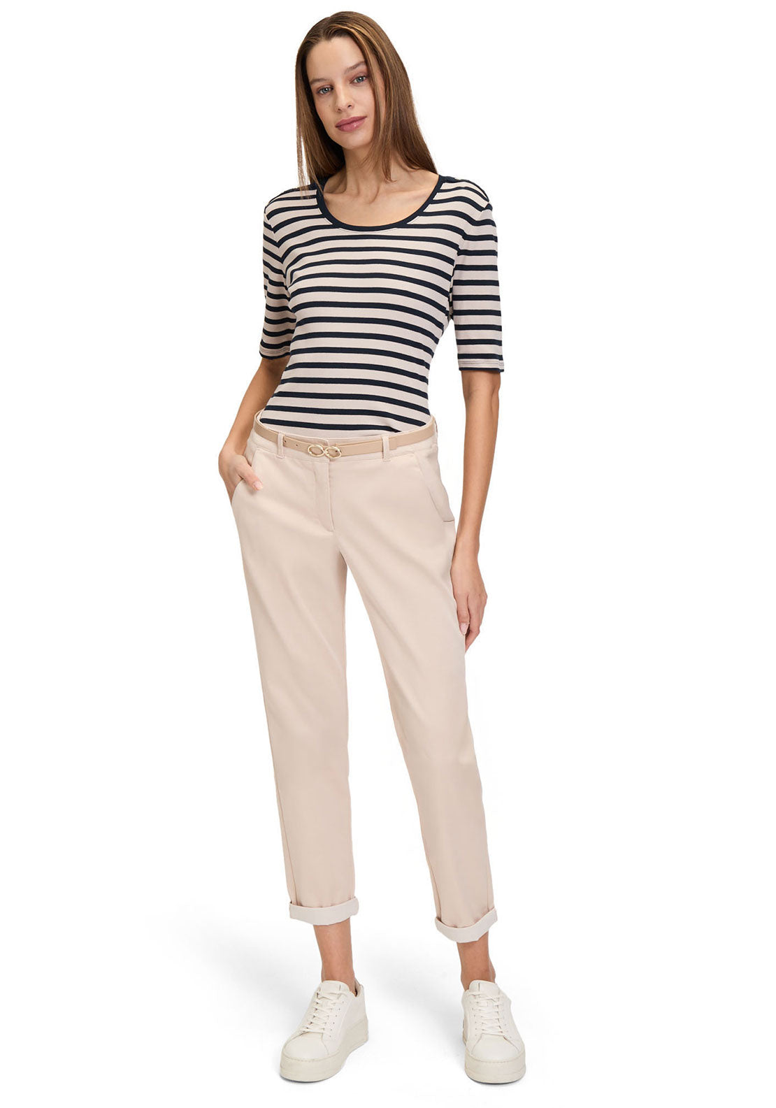 Betty Barclay Ribbed Striped Top, Beige and Navy