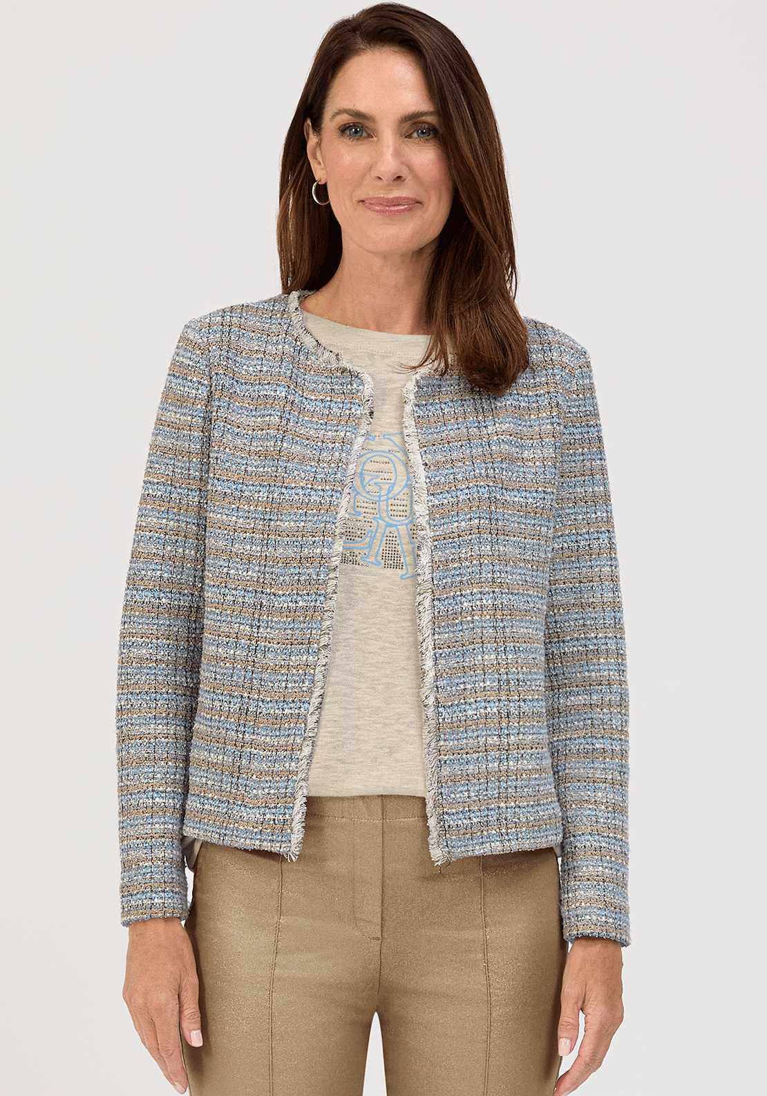 Bianca Tweed Style Frayed Trim Jacket, Blue Multi