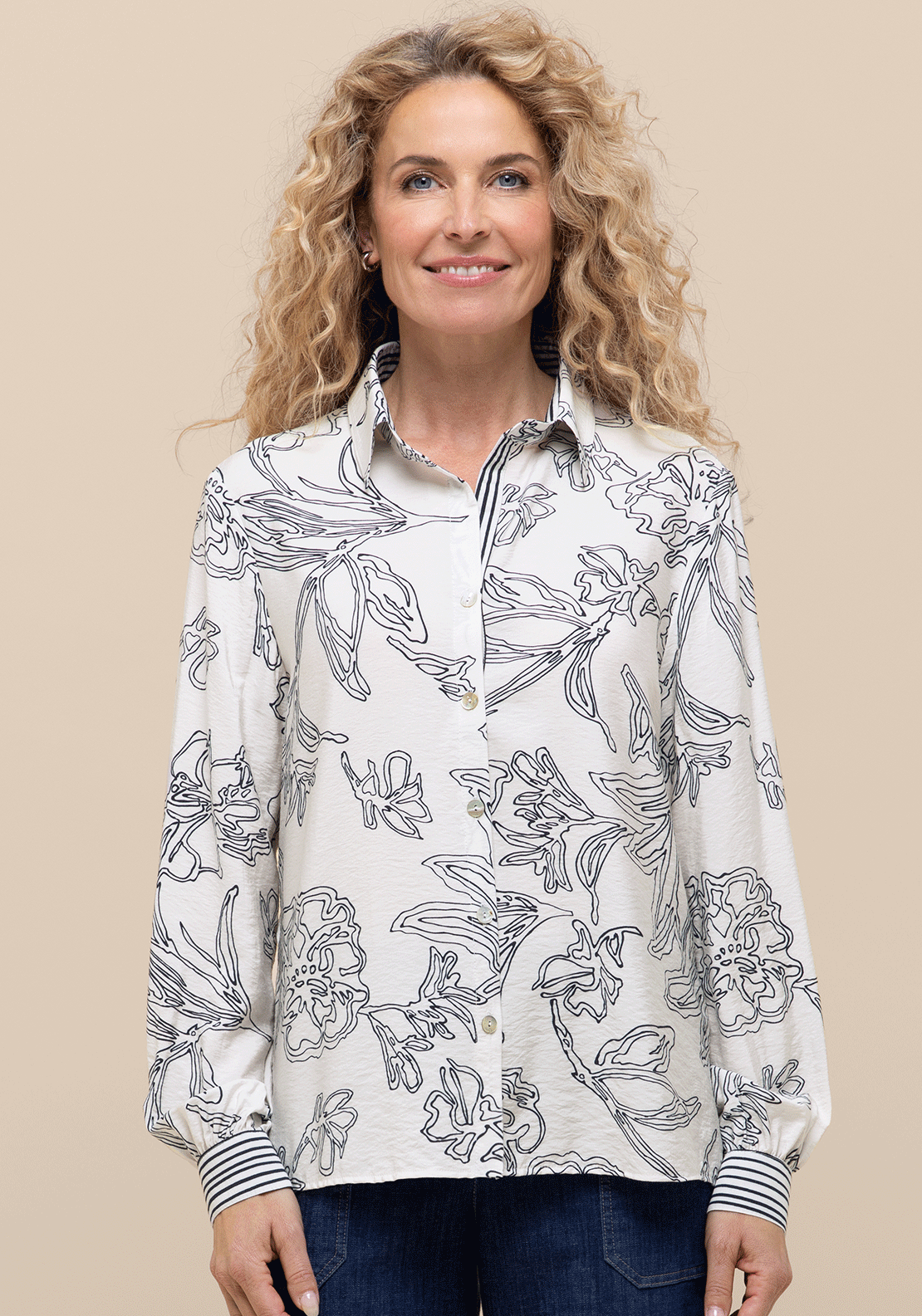 Bianca Printed Striped Cuff Shirt, White