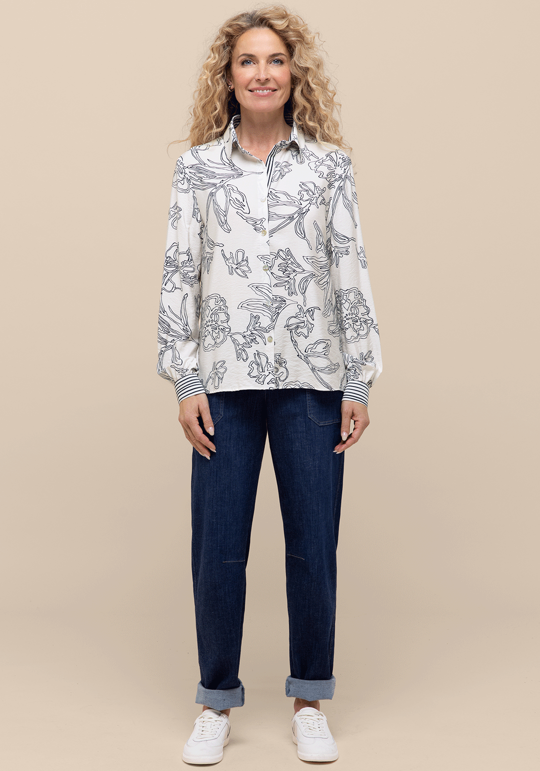 Bianca Printed Striped Cuff Shirt, White