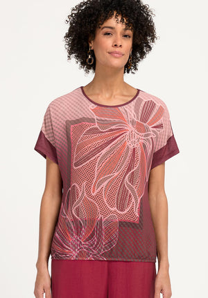 Bianca Floral Print Contrast Knit Top, Wine