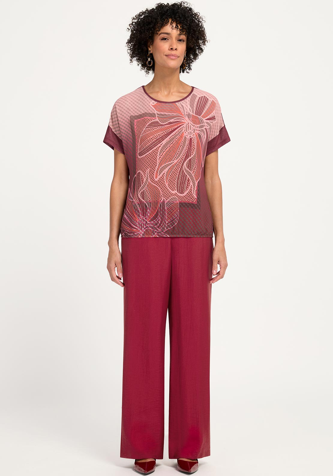 Bianca Floral Print Contrast Knit Top, Wine