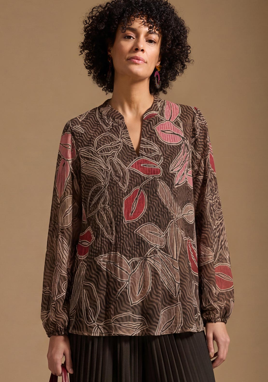 Bianca Doret Pleated Leaf Print Blouse, Brown